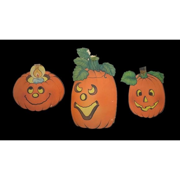 Vtg Felted Pumpkins Orange Fuzzy Double-Sided Halloween Cardboard Decorations Se - Picture 3 of 6